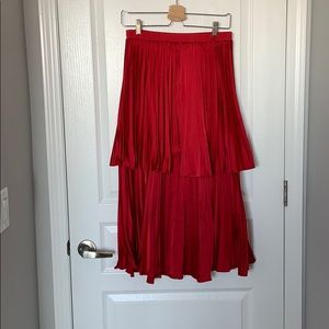 Red Satin Pleated Tiered Maxi Skirt